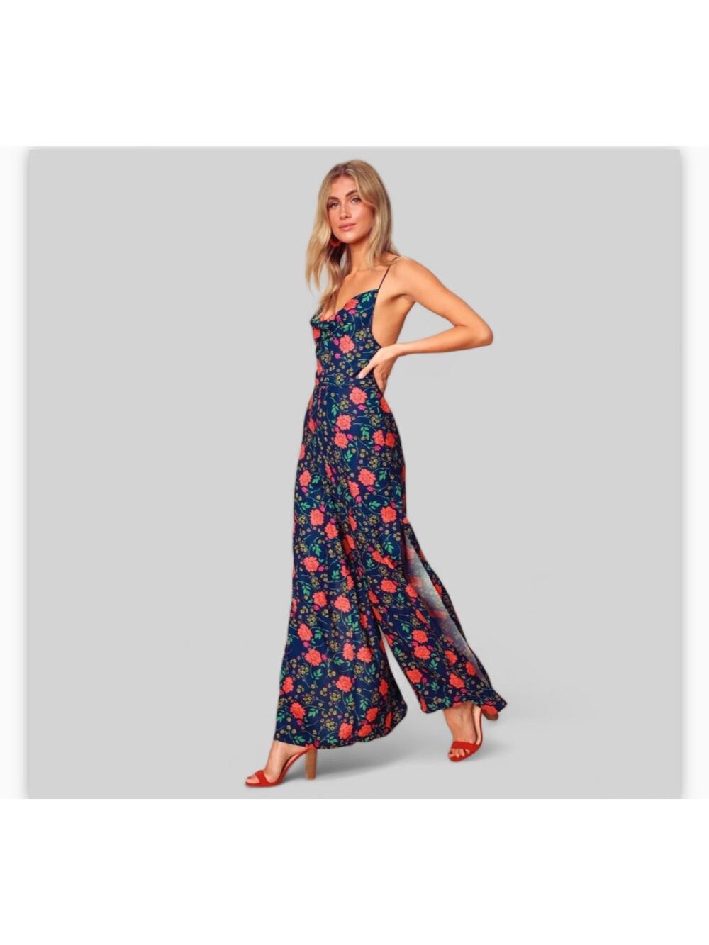 NWT -Finders Keepers Hana Floral print Cowl Neck Slit Pant Jumpsuit - Sz S